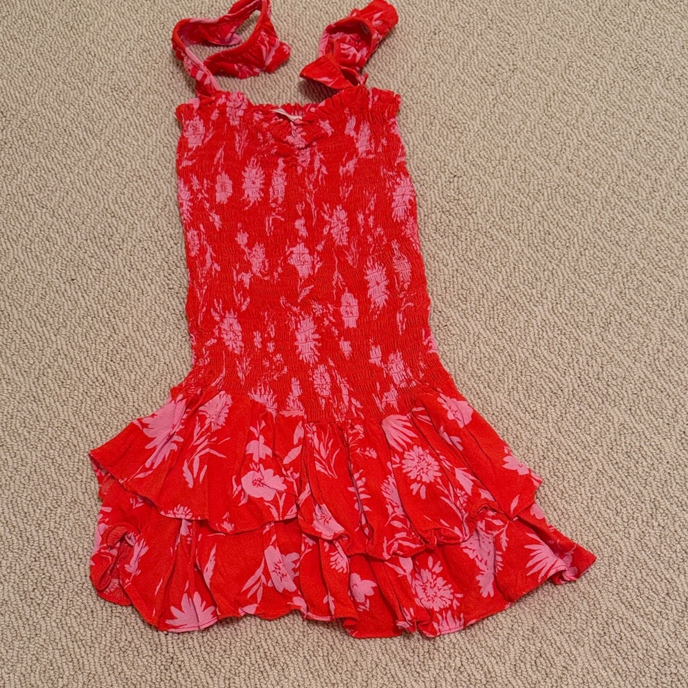 The Impeccable Pig Red Floral Mini Dress with Pink Print